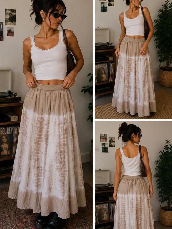 Tantrums Dresses & Skirts - Tantrums Beige and White Tie-Dye Maxi Skirt Size M 100% Cotton